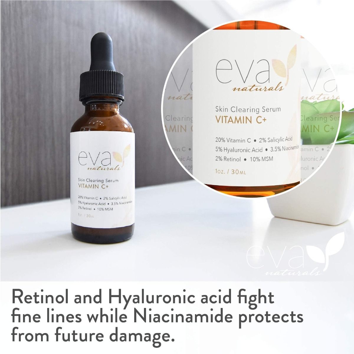 Eva Naturals Vitamin C Serum Plus 2 Retinol 3 5 Niacinamide 5 Hyaluronic Acid 2 Salicylic Acid 10 Msm Vitamin C Skin Clearing Serum Anti Aging Skin Repair Serum For Face Simply Glow