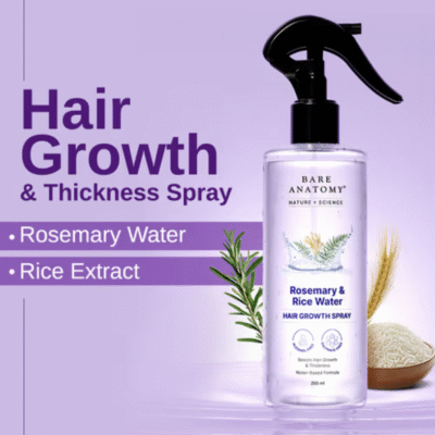 Bare Anatomy Nature X Science Rosemary Water Spray For Hair Growth & Thickness With Rice Water|100% Natural Extract|Soft & Smooth Hair|Controls Hairfall & Adds Shine|Non-Greasy & Fast Absorbi