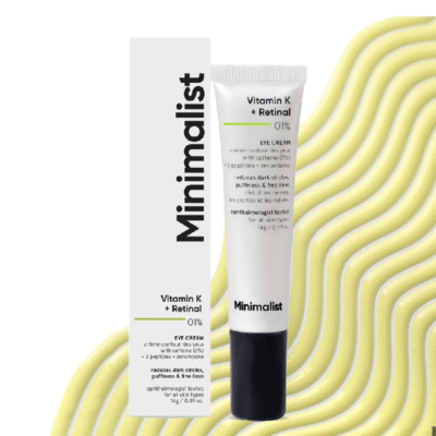 Minimalist Vitamin K + Retinal 01% Under Eye Cream | Reduces Dark Circles, Wrinkles & Fine Lines | With Caffeine for Puffiness | For Women & Men | 14 gm