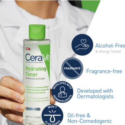 CeraVe Hydrating Toner for Face Non-Alcoholic with Hyaluronic Acid, Niacinamide, and Ceramides for Sensitive Dry Skin, Fragrance-Free Non Comedogenic, Full Size, 6.8 Fl Oz