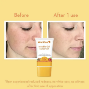 WishCare Invisible Gel Sunscreen SPF 50+ PA++++ - Oil Free with Broad Spectrum Protection & No White Cast - with Shea Butter & Berries - 50 Grams