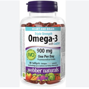 Webber Naturals Omega-3 with CoQ10, 80 Clear Enteric No Fishy Aftertaste Softgels, Supports Cardiovascular Health and Brain Function - CANADA