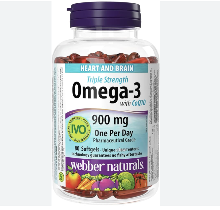 Webber Naturals Omega-3 with CoQ10, 80 Clear Enteric No Fishy Aftertaste Softgels, Supports Cardiovascular Health and Brain Function - CANADA