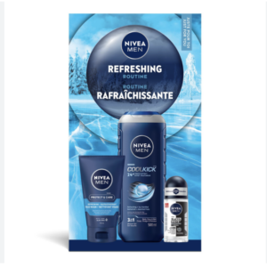 NIVEA MEN Refreshing Routine, Holiday Gift Set for All Skin Types, Includes Shower Gel, Face Wash and Roll-On Antiperspirant, 3-Piece Skincare Set