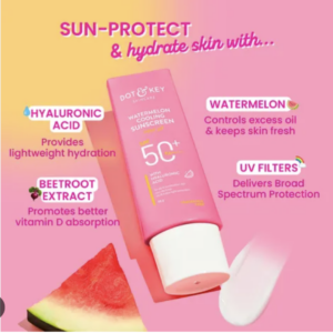ot & Key Watermelon Hyaluronic Cooling Sunscreen In-Vivo Tested SPF 50 PA+++| For Moisturized Skin | UV + Blue Light Protection| Lightweight | No White Cast | Boosts Vitamin D Absorption I Qu