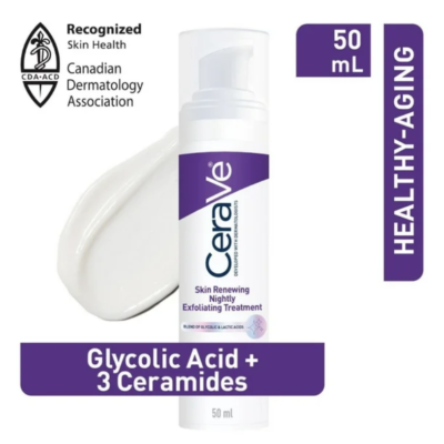 CeraVe Nightly Exfoliating Treatment, AHA Face Cream with Glycolic and Lactic Acids for Fine Lines and Pores, 50mL