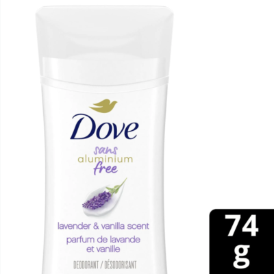 Dove Aluminum Free Déodorant for Women with 1/4 Moisturizers Lavender & Vanilla Scent for Soft, Comfortable Underarms 74g- Canada