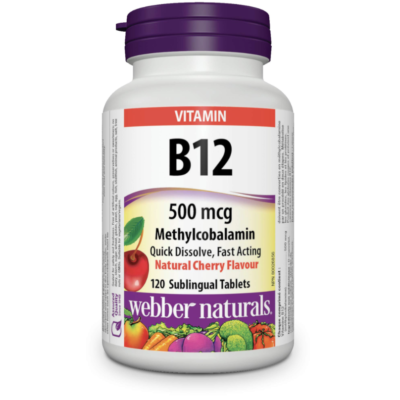 Webber Naturals Vitamin B12 500 mcg, Quick Dissolve, 120 Tablets, Natural Cherry Flavour, Supports Energy Production and Metabolism