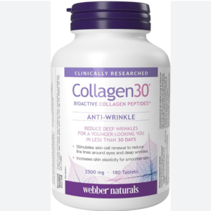 Webber Naturals Collagen30 Anti-Wrinkle, 2,500mg of Bioactive Collagen Peptides Per Serving (3 Tablets), 180 Tablets, Helps Reduce Deep Wrinkles, Fine Lines, Non GMO, Dairy, Gluten Free