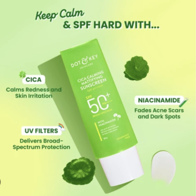 Dot & Key CICA Calming Mattifying Sunscreen SPF 50 PA++++ In-Vivo Tested | For Oily Acne Prone & Sensitive Skin | UVA/UVB Protection | No White Cast, Ultra Light, Fragrance Free & Quick Absor