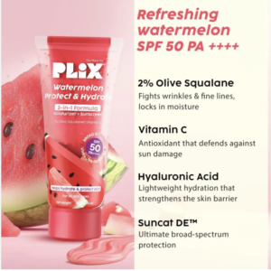 PLIX Watermelon Protect & Hydrate 2 in 1 formula Moisturizer + Sunscreen | Lightweight Hydration | With SPF PA 50 ++++ | UVA & UVB protection | No White Cast | 50 gm