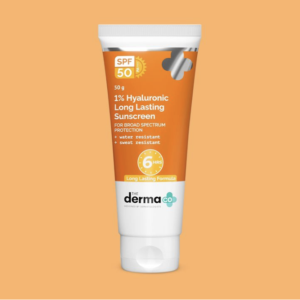 The Derma Co 1% Hyaluronic Long Lasting Sunscreen Spf 50 Pa++++ With Hyaluronic Acid & Vitamin E For Broad Spectrum Protection- 50 G, All Skin Types | Water & Sweat Resistant