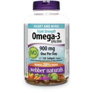Webber Naturals® Triple Strength Omega-3, 900 mg EPA/DHA, Supports Heart and Mind, 120 Clear Enteric Softgels, BONUS! - CANADA