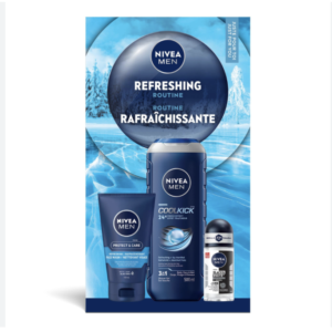 NIVEA MEN Refreshing Routine, Holiday Gift Set for All Skin Types, Includes Shower Gel, Face Wash and Roll-On Antiperspirant, 3-Piece Skincare Set