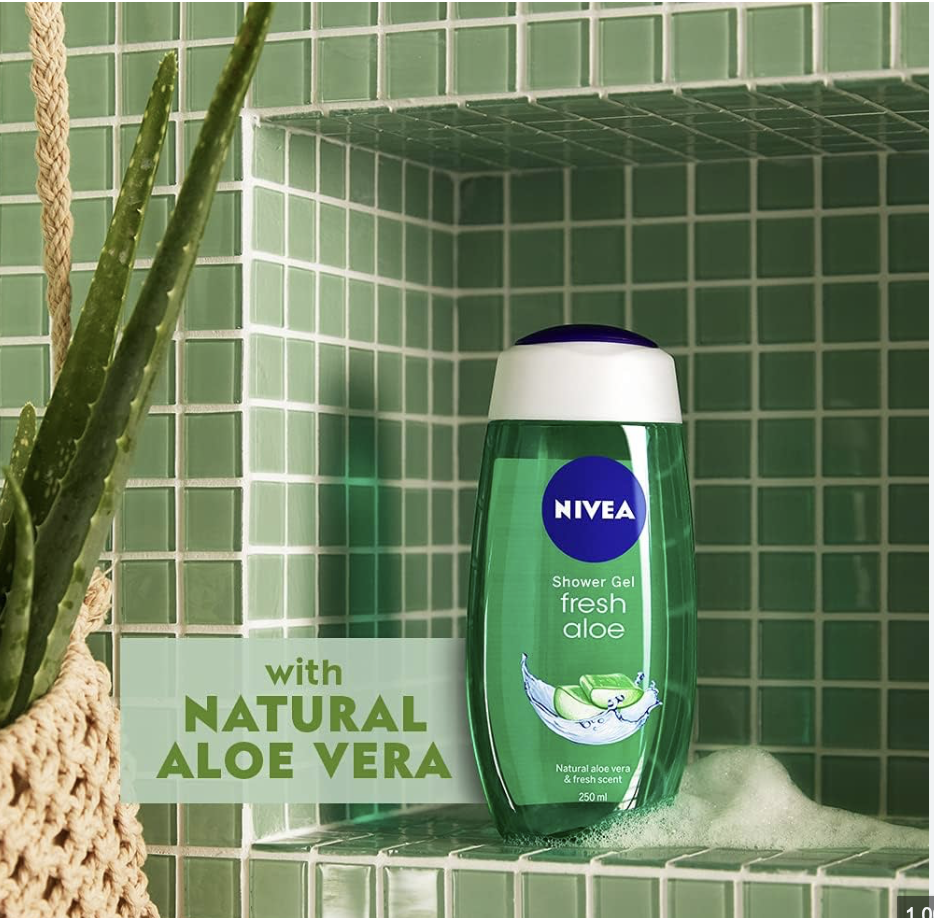 Nivea Shower Gel, Fresh Aloe Body Wash, 250 ml, Transparent - Germany