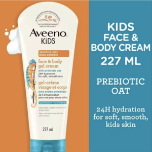 Aveeno Kids Face & Body Gel Cream, Prebiotic Oat Moisturizer, Hypoallergenic Lotion, Sensitive Skin Body Cream, 227 mL