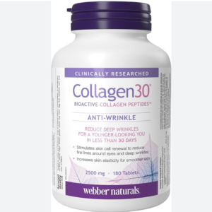Webber Naturals Collagen30 Anti-Wrinkle, 2,500mg of Bioactive Collagen Peptides Per Serving (3 Tablets), 180 Tablets, Helps Reduce Deep Wrinkles, Fine Lines, Non GMO, Dairy, Gluten Free