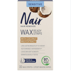 Nair Wax Ready Strips for Bikini & Underarm with Coconut Milk Oil, for Sensitive Skin, 32 Strips + 3 Finishing Wipes, Packaging May Vary