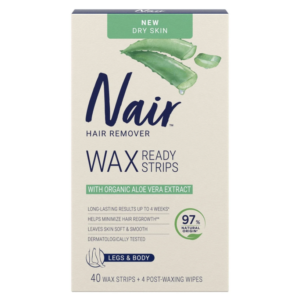 Nair Hair Removal Wax Strips Ready-to-Use with Soothing Aloe Vera for Dry Skin, Made with 97% Natural Ingredients, 40 Count Wax Strips