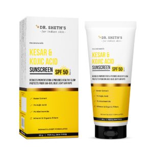 Dr. Sheth's Kesar & Kojic Acid Sunscreen SPF 50+ Pa++++ |In-Vivo Tested | For Pigmentation-Free Skin | Lightweight & Non Greasy | For UVA/UVB & Blue Light & IR Protection | No White Cast | Fo