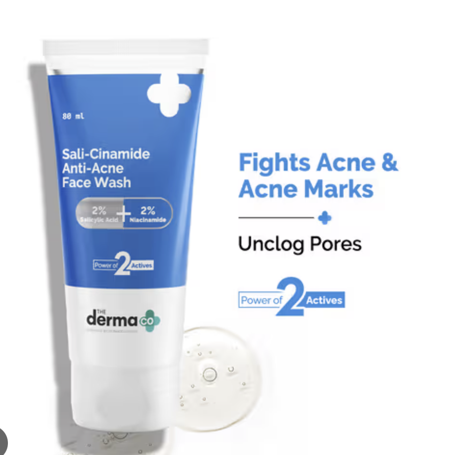 The Derma Co Sali-Cinamide Anti-Acne Face Wash | with 2% Salicylic Acid & 2% Niacinamide | Helps Reduce Acne & Acne Marks | Deeply Cleanses Clogged Pores 80ml