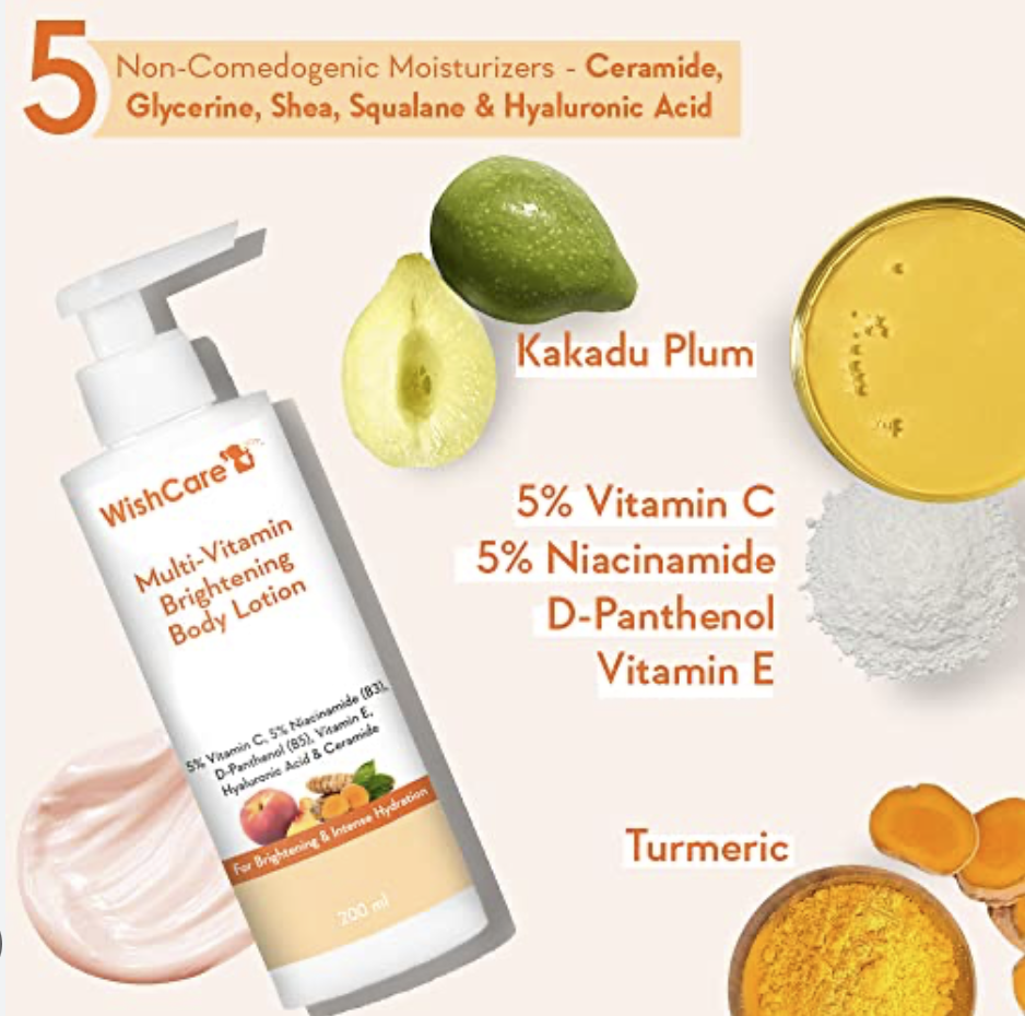 WishCare Multi-Vitamin Brightening Body Lotion - 5% Vitamin C, 5% Niacinamide(B3), Panthenol(B5), Vitamin E, Turmeric & Kakadu Plum - For Men & Women - 200 Ml