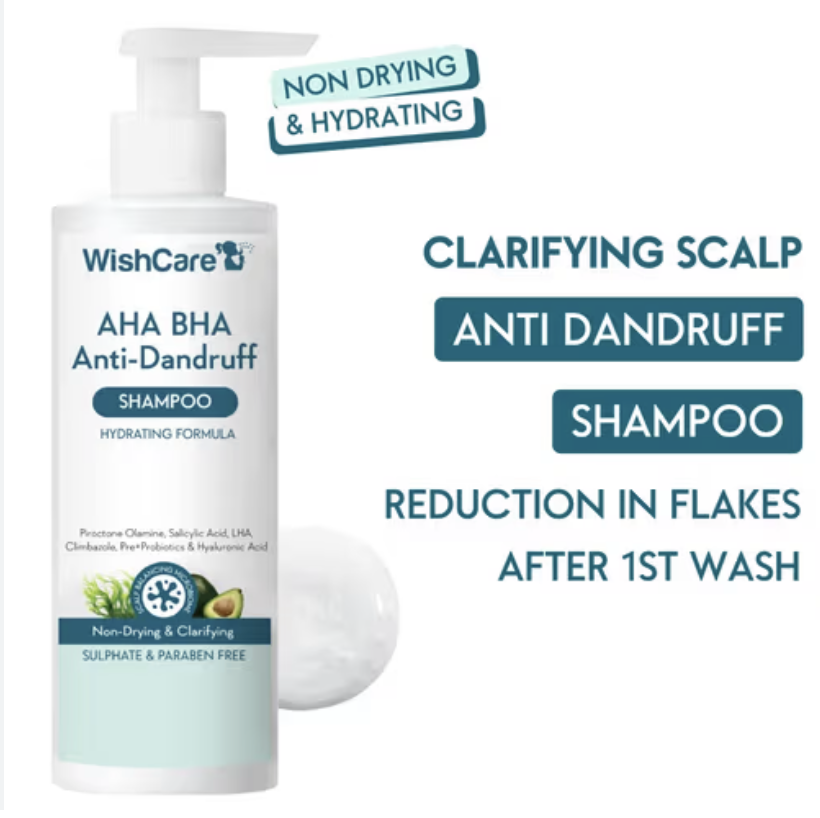 Wishcare Hydrating AHA BHA Anti Dandruff Shampoo - Piroctone Olamine Salicylic Acid LHA Probiotics (250ml)