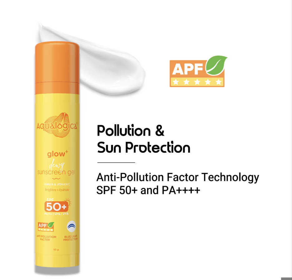 Aqualogica Glow+ Dewy Sunscreen Gel SPF 50+ PA++++ with Papaya & Vitamin C | UVA/B & Blue Light Protection | Anti-Pollution Factor (APF) Technology | In-Vivo Tested | No White Cast | 50 g