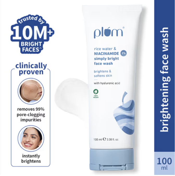 Plum Rice Water & 2% Niacinamide Face Wash 100ml | Brightens Skin, Helps Fade Blemishes | Softens & Smoothens Skin | Gentle & Non-Drying | Women & Men | 100% Vegan