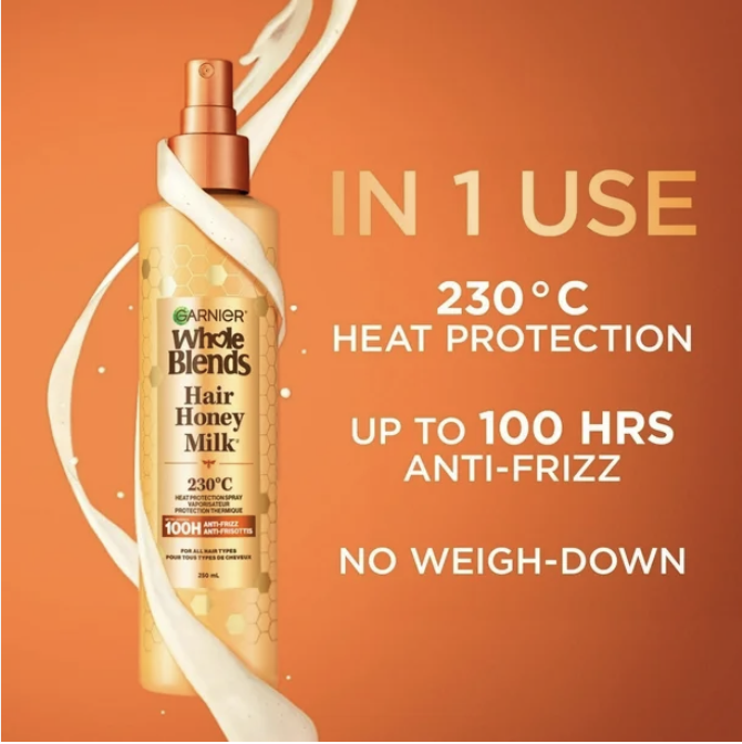 Garnier Whole Blends Heat Protectant Spray for Damaged Hair, Sulfate Free, Prevents Breakage, Hair Honey Milk Spray, 250ml, Heat protectant spray