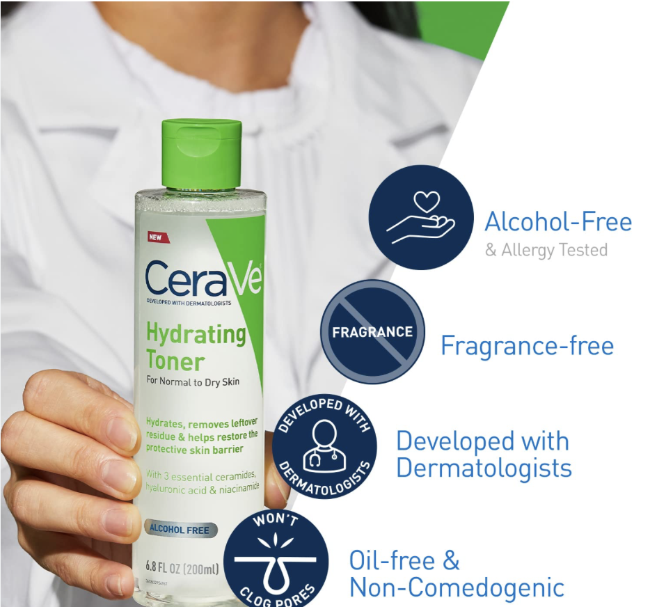 CeraVe Hydrating Toner for Face Non-Alcoholic with Hyaluronic Acid, Niacinamide, and Ceramides for Sensitive Dry Skin, Fragrance-Free Non Comedogenic, Full Size, 6.8 Fl Oz