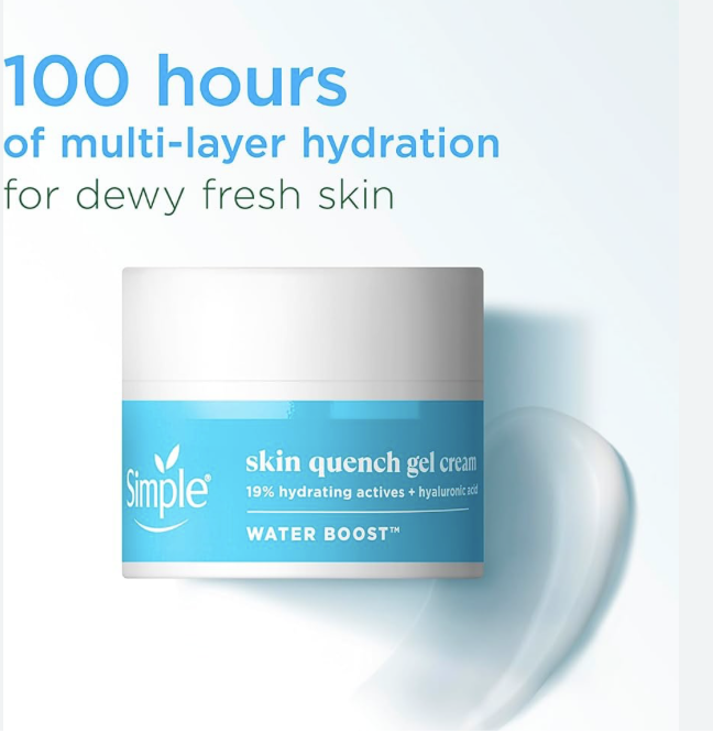 Simple Water Boost Skin Quench Gel Face Cream with 19% Hydrating Actives and Hyaluronic Acid Moisturiser for Dry Skin 50 ml