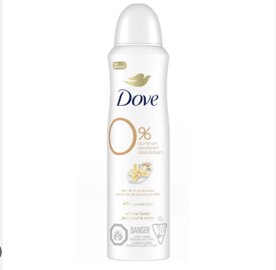 Dove 0% Aluminum Free Deodorant Spray, for 72H Protection, Oat Milk & Vanilla Scent