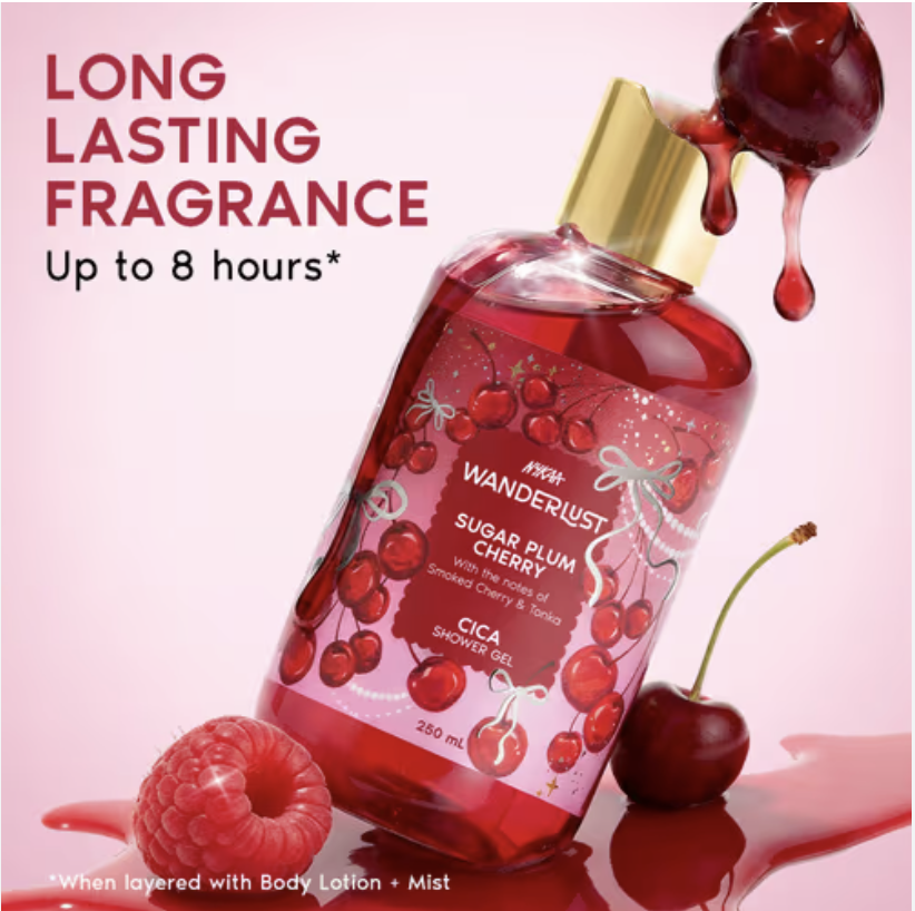 Wanderlust Sugar Plum Cherry Perfume Shower Gel With Cica, Vitamin E (Raspberry, Rose Perfume) (250ml)