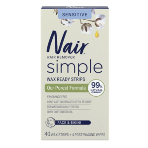 Nair Simple Wax Strips for Face & Bikini, with Cotton Seed Oil for Sensitive Skin, Dematologically Tested, 40 Wax Strips + 4 Post-Waxing Wipes