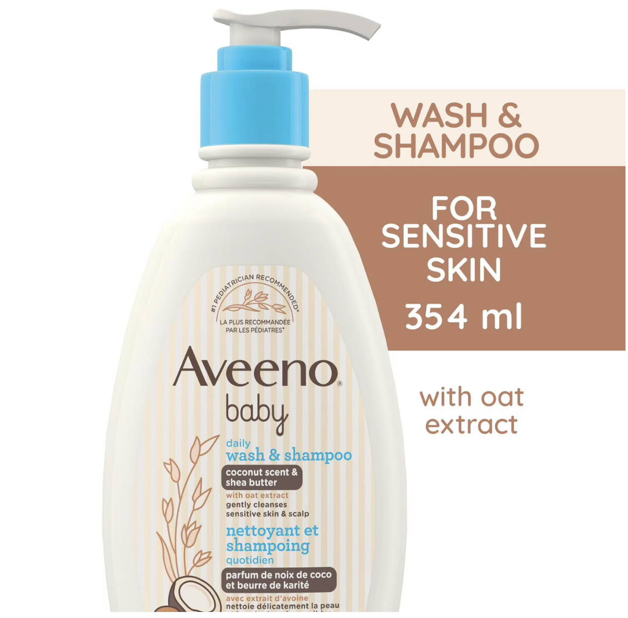 Aveeno Baby Daily Moisturizing Wash & Shampoo, Natural Coconut Scent, Shea Butter & Oat Extract, Body Wash, Hypoallergenic, 354 mL- CANADA