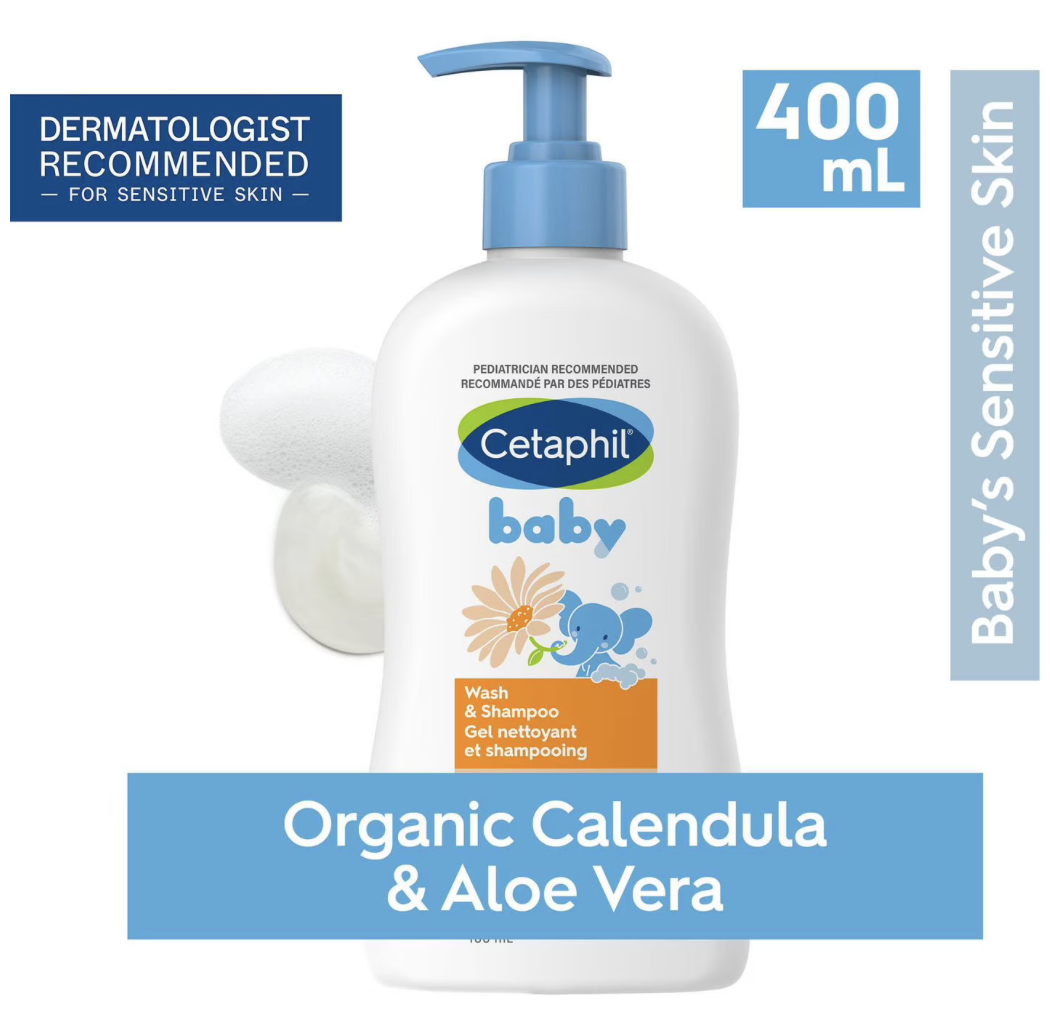 Cetaphil Baby Wash And Shampoo with Organic Calendula | Tear Free | Paraben, Colourant and Mineral Oil Free | 400ml Pump, Pediatrician Recommended - 400ML