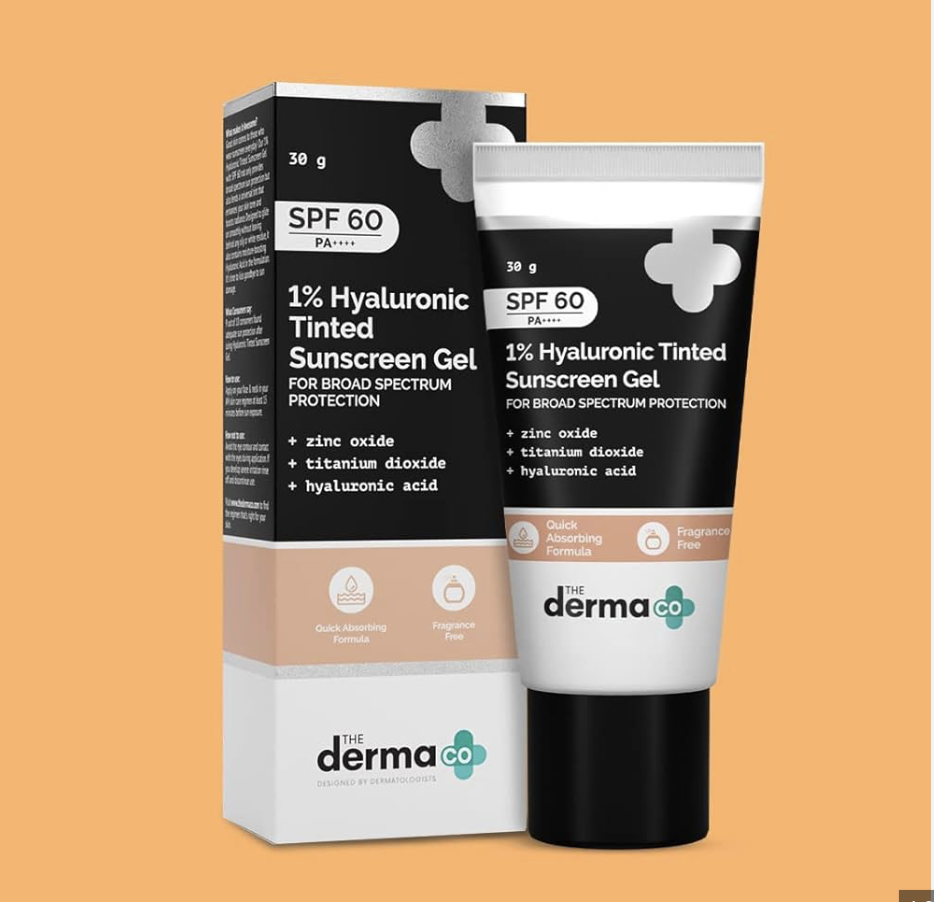 The Derma Co 1% Hyaluronic Tinted Sunscreen Gel with SPF 60 PA++++ | No White Cast | Lightweight | Broad Spectrum Protection | 30 g