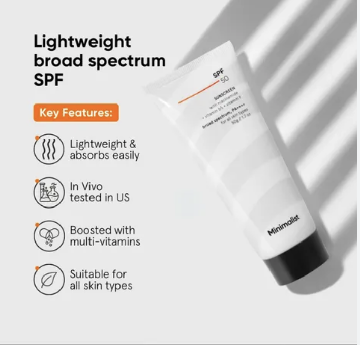Minimalist SPF 50 Sunscreen with niacinamide + vitamin b5 + vitamin f, broad spectrum, PA++++ for all skin types 100g