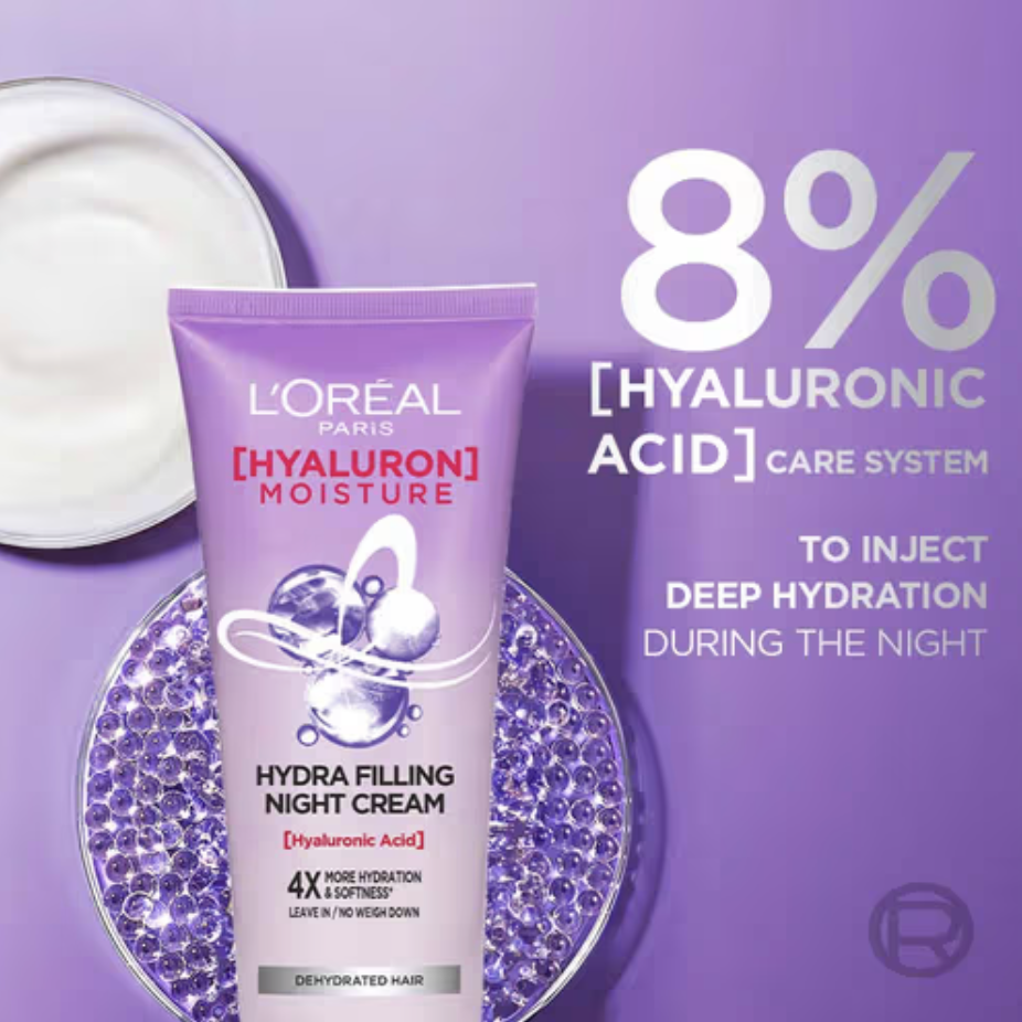 Lorea Paris Hyaluron Moisture Hydra Filling Leave-in Night Cream, Powered by Hyaluronic Acid, For Dry & Dehydrated Hair, Volume-180ml, Makes hair frizz-free, bouncy and hydrated for up to 72