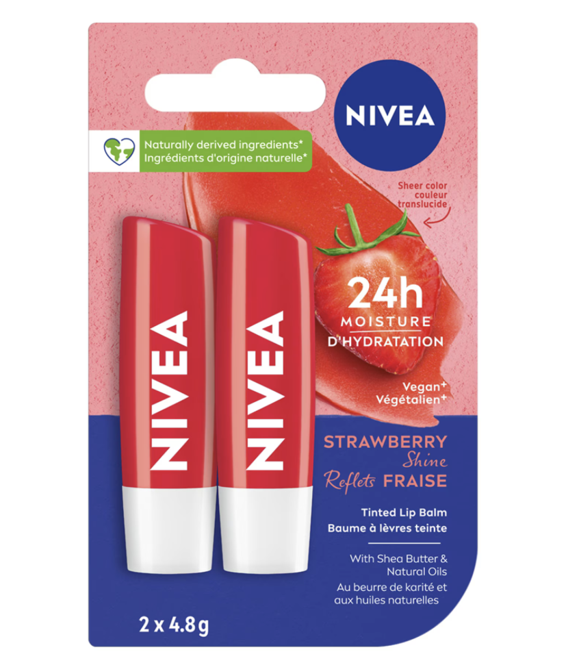 NIVEA Strawberry Shine Tinted Caring 24H Moisture Lip Balm Sticks, 2 x 4.8g pack