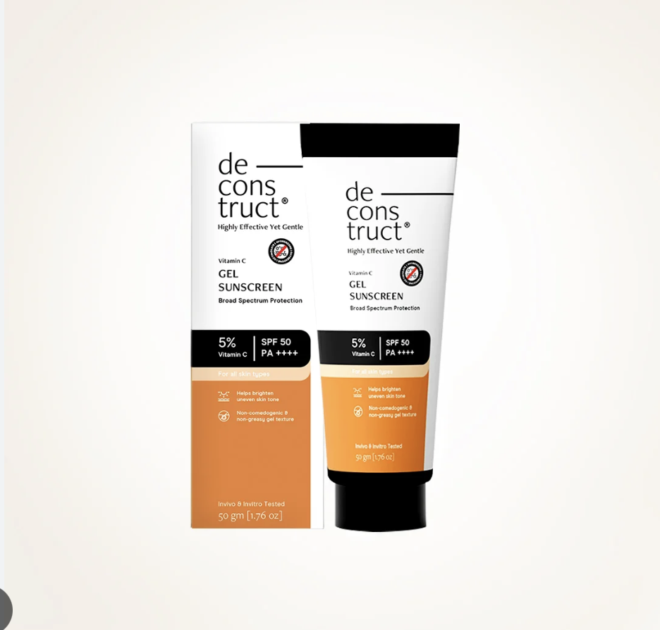 Deconstruct 5% Vitamin C Gel Sunscreen for Oily Skin SPF 50 PA++++ | Brightens Skin Tone | New Gen UV Filters | Lightweight & Non-greasy | In vivo tested | For Men & Women - 50g