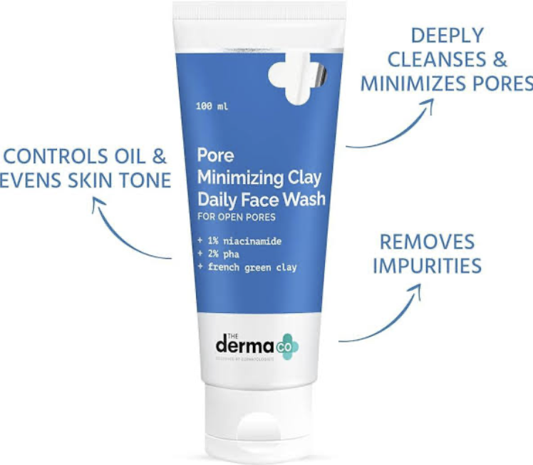 The Derma Co Pore Minimizing Green Clay Face Wash with Niacinamide + PHA | Deeply Cleanses & Minimizes Pores | Controls Oil & Enhances Skin Tone | 3.38 Fl Oz/100ml
