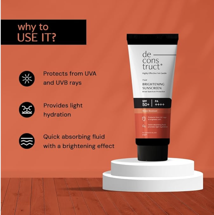 Deconstruct Fluid Brightening Sunscreen SPF 50+ PA++++ for Dry Skin, Hydrating & 8-Hour Long-Lasting (50 g)- India