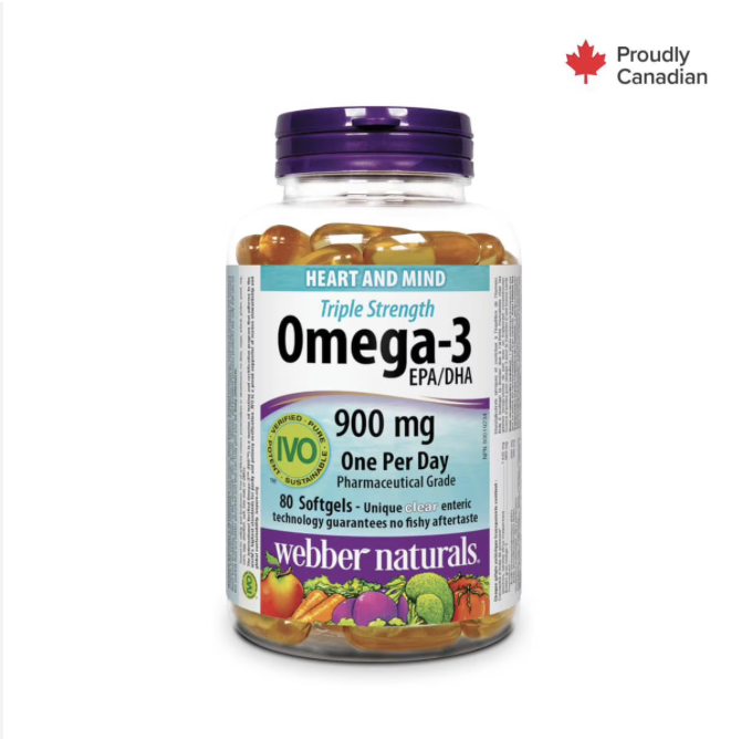 Webber Naturals® Triple Strength Omega-3, 900 mg, 80 Clear Enteric soft gels, Supports Heart and Mind, EPA/DHA 80 Clear Enteric Softgels - CANADA