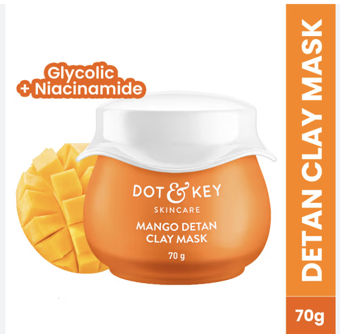 Dot & Key Mango Detan Tan Removal Clay Mask | Clay Mask for Face with Glycolic & Lactic | Great for All Skin Types | Fresh Juicy Mango Fragrance | 70gm