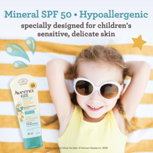 Aveeno Kids Continuous Protection Zinc Oxide Mineral Sunscreen Lotion for Children's Sensitive Skin with Broad Spectrum SPF 50, Tear-Free, Sweat- & Water-Resistant, Non-Greasy, 88 mL