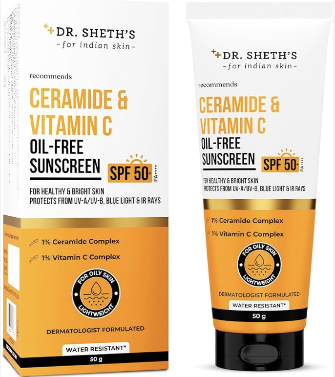Dr. Sheth's Ceramide & Vitamin C Oil-Free Sunscreen SPF 50+ PA++++ | With 2% Vitamin C Complex, 1% Ceramide | In-Vivo Tested | For Healthy & Bright Skin | Lightweight & Non Greasy | For UVA/U