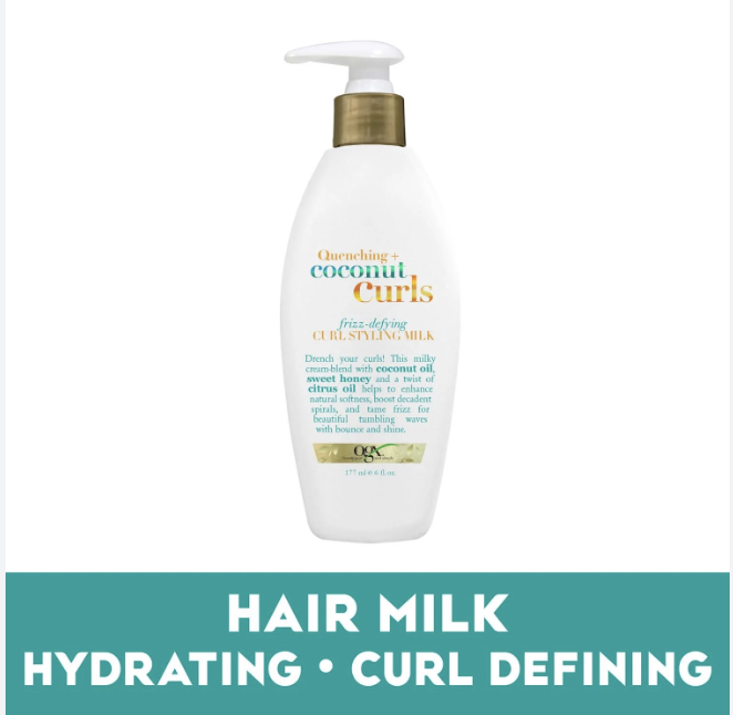 OGX Quenching + Coconut Curls Frizz-Defying Styling Milk, Nourishing Leave-In Hair Treatment with Coconut, Citrus Oil & Honey, Paraben-Free and Sulfated-Surfactants Free 177ml