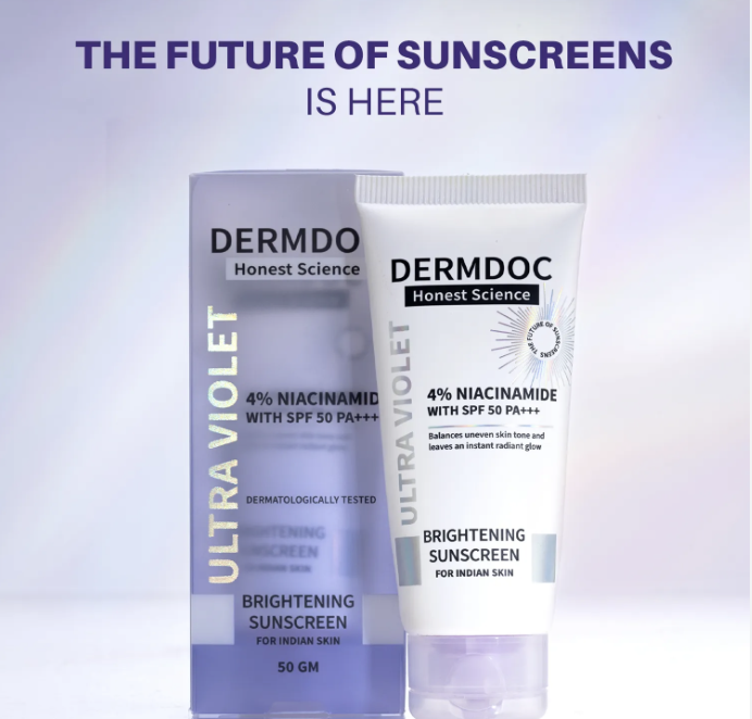 DERMDOC 4% Niacinamide Ultra Violet Brightening Sunscreen Twin Pack (Pack of 2) (50 gm) | SPF 50 PA+++ Sun Protection | Sunblock 60g